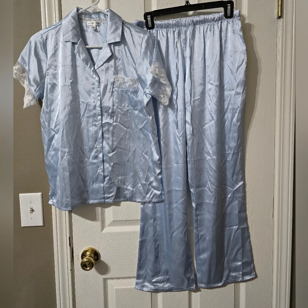 Rachel Zoe Satin Pajama Set, Light Blue w/Lace Detail, Bridal, Feminine, EUC!